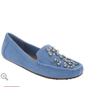 Isaac Mizrahi blue suede embellished moccasins